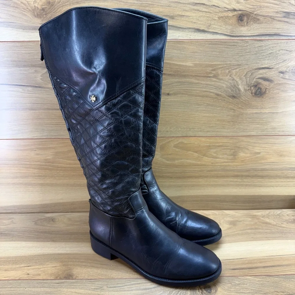 Tory Burch Claremont Tall Quilted Boots 9 M Black Leather Back Zip Riding Knee
